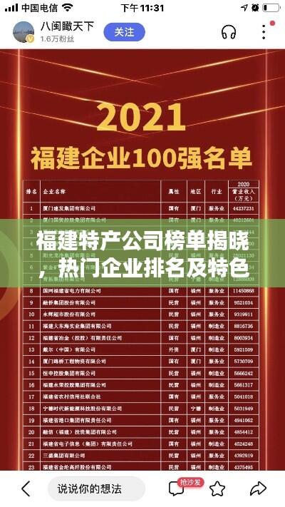 福建特产公司榜单揭晓，热门企业排名及特色一览